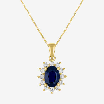 Womens Diamond Accent Lab Created Blue Sapphire 10K Gold Pear Pendant Necklace