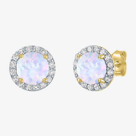 Diamond Accent Lab Created White Opal 10K Gold 9mm Round Stud Earrings, One Size