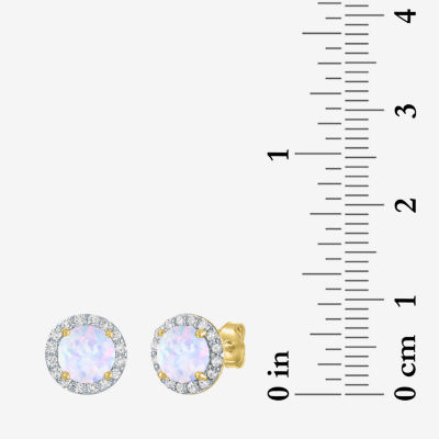 Diamond Accent Lab Created White Opal 10K Gold 9mm Round Stud Earrings