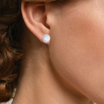 Diamond Accent Lab Created White Opal 10K Gold 9mm Round Stud Earrings