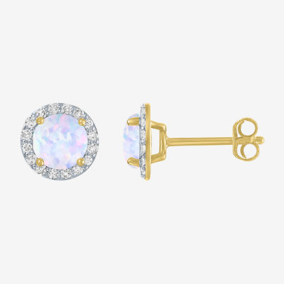 Diamond Accent Lab Created White Opal 10K Gold 9mm Round Stud Earrings