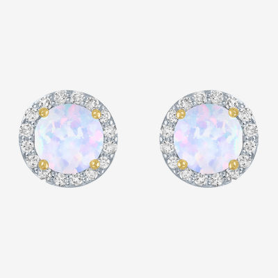 Diamond Accent Lab Created White Opal 10K Gold 9mm Round Stud Earrings