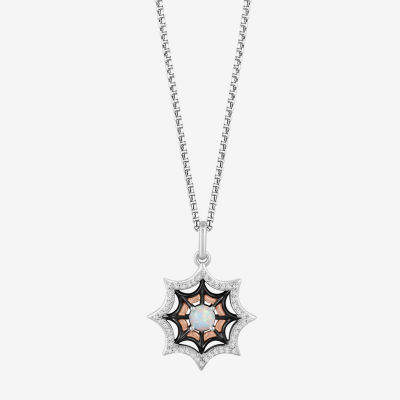 Marvel Fine Jewelry Womens 1/6 CT. T.W. Lab Created White Opal 14K Rose Gold Over Silver Round Spiderman Pendant Necklace