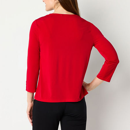 Liz Claiborne Womens Square Neck 3/4 Sleeve Blouse, Petite Medium, Red