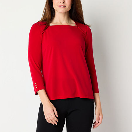 Liz Claiborne Womens Square Neck 3/4 Sleeve Blouse, Petite Medium, Red