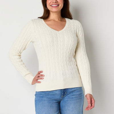 St. John's Bay Womens V Neck Long Sleeve Cable Knit Pullover Sweater