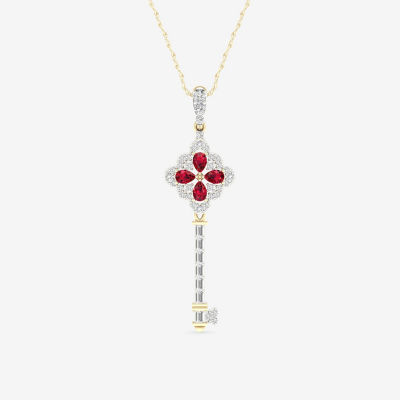 Womens 1/5 CT. T.W. Lead Glass-Filled Red Ruby 10K Gold Keys Pendant Necklace