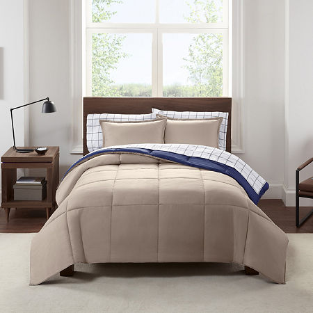 Serta Simply Clean Reversible Antimicrobial Treated Complete Bedding Set With Sheets, One Size, Beige