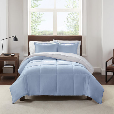 Serta Simply Clean Reversible Antimicrobial Treated Complete Bedding Set With Sheets, One Size, Blue