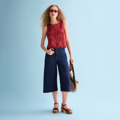 a.n.a Western Red Scalloped Blouse and Culotte Jeans