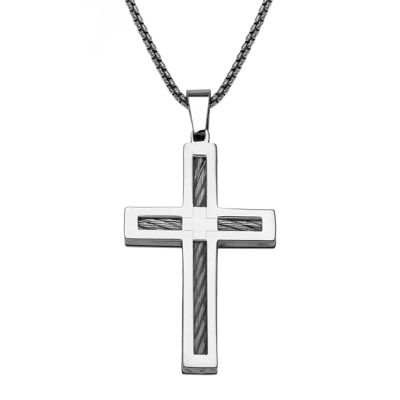 Mens Stainless Steel Cable Cross Pendant Necklace