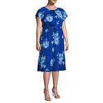 Liz Claiborne Plus Short Sleeve Floral Midi Fit + Flare Dress