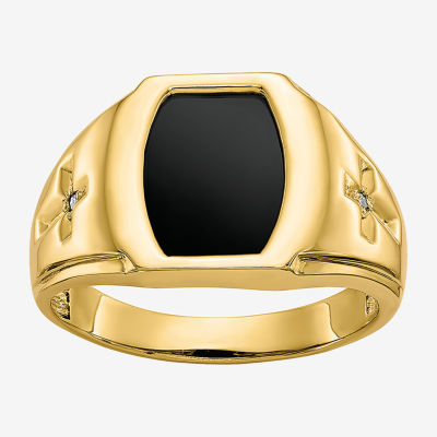 Mens Diamond Accent Genuine Black Onyx 10K Gold Fashion Ring