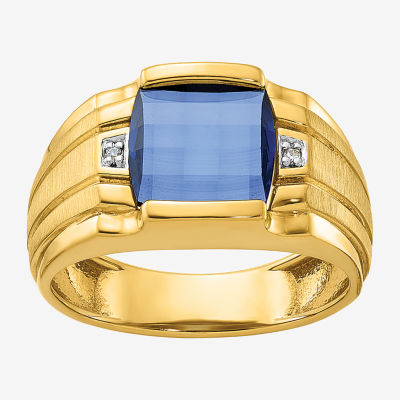 Mens Diamond Accent Lab Created Blue Sapphire 14K Gold Fashion Ring