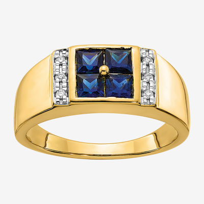 Mens Diamond Accent Lab Created Blue Sapphire 14K Gold Fashion Ring