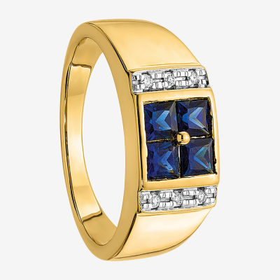 Mens Diamond Accent Lab Created Blue Sapphire 14K Gold Fashion Ring