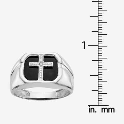 Mens Diamond Accent Genuine Black Onyx 14K White Gold Cross Fashion Ring