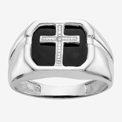 Mens Diamond Accent Genuine Black Onyx 14K White Gold Cross Fashion Ring