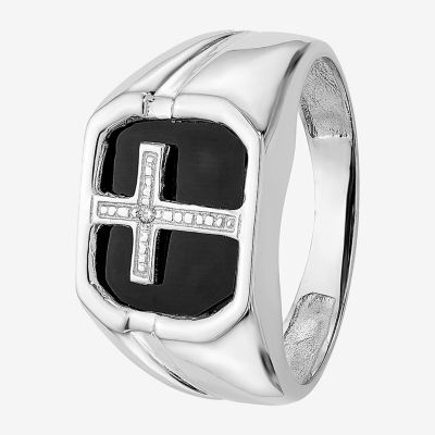 Mens Diamond Accent Genuine Black Onyx 14K White Gold Cross Fashion Ring