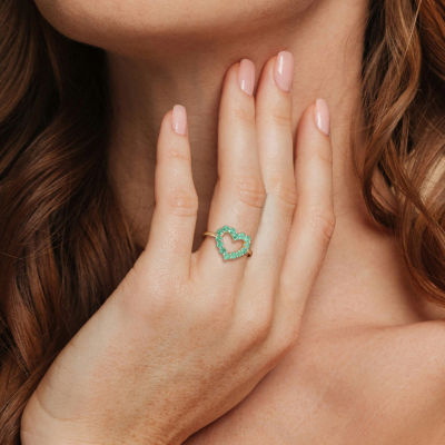 Womens Genuine Green Emerald 10K Gold Heart Cocktail Ring