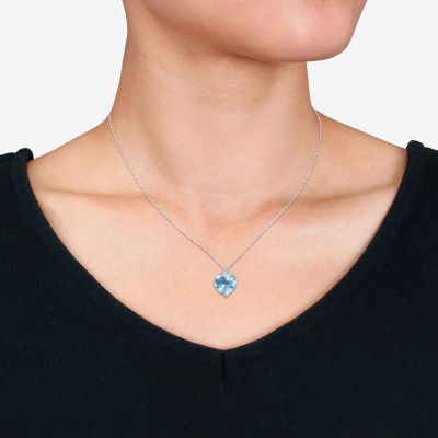 Womens Genuine Blue Topaz & 1/10 CT. T.W. Genuine Diamond 14K White Gold Heart Pendant Necklace