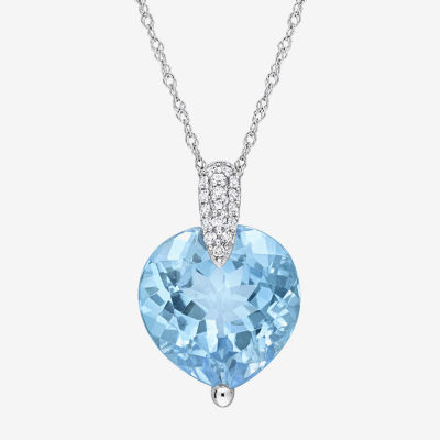 Womens Genuine Blue Topaz & 1/10 CT. T.W. Genuine Diamond 14K White Gold Heart Pendant Necklace