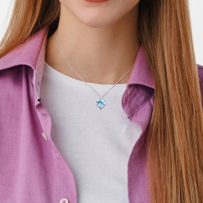 Womens Genuine Blue Topaz & 1/10 CT. T.W. Genuine Diamond 14K White Gold Heart Pendant Necklace