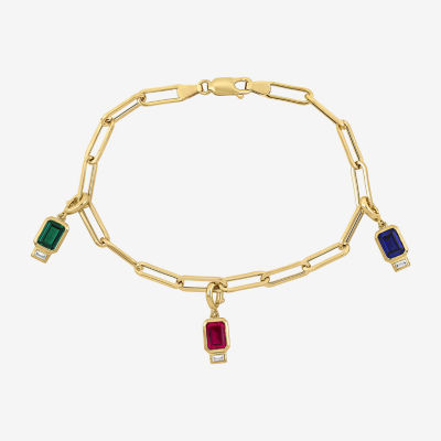 Lab Created Multi Color Stone 18K Gold Over Silver Charm Bracelet