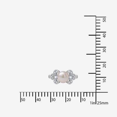 Diamonart® Cultured Freshwater Pearl and Cubic Zirconia Sterling Silver Clover Ring