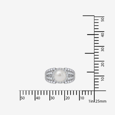 Diamonart® Cultured Freshwater Pearl and Cubic Zirconia Multi-Row Sterling Silver Ring