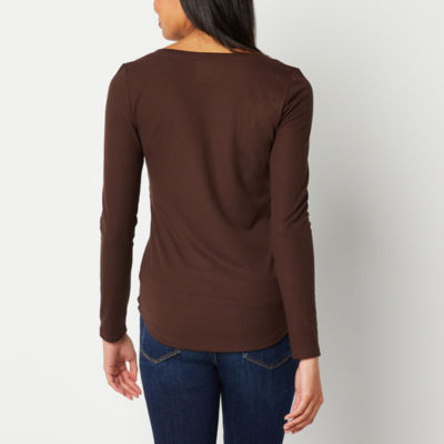 a.n.a Womens Ribbed Henley Neck Long Sleeve T-Shirt