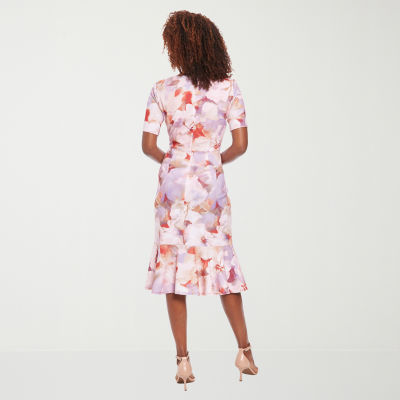London Times Womens Short Sleeve Midi Floral Sheath Dress