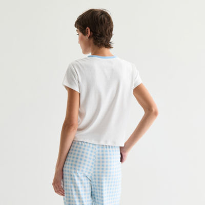 Stitch Pointelle Ringer Tee Womens Juniors Crew Neck Short Sleeve Fitted Lilo & Stitch Graphic T-Shirt