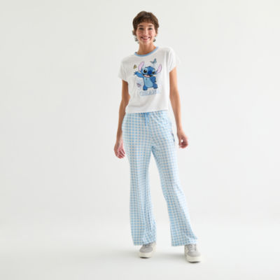 Stitch Pointelle Ringer Tee Womens Juniors Crew Neck Short Sleeve Fitted Lilo & Stitch Graphic T-Shirt