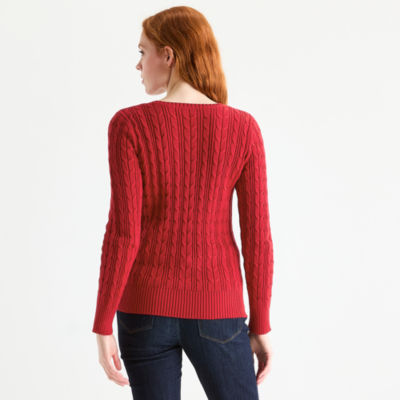 St. John's Bay Womens Crew Neck Long Sleeve Cable Knit Pullover Sweater