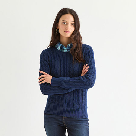 St. John's Bay Womens Crew Neck Long Sleeve Cable Knit Pullover Sweater In Blue