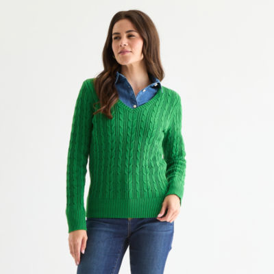 St. John's Bay Womens V Neck Long Sleeve Cable Knit Pullover Sweater
