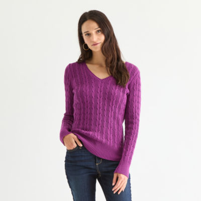 St. John's Bay Womens V Neck Long Sleeve Cable Knit Pullover Sweater