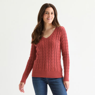 St. John's Bay Womens V Neck Long Sleeve Cable Knit Pullover Sweater