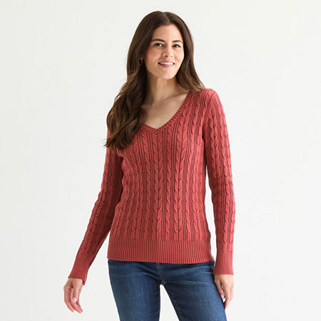 St. John's Bay Womens V Neck Long Sleeve Cable Knit Pullover Sweater In Burgundy