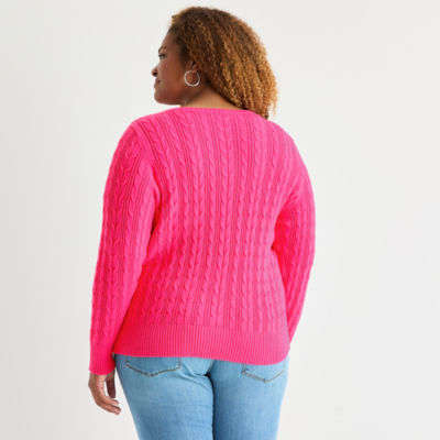 St. John's Bay Plus Womens Crew Neck Long Sleeve Cable Knit Pullover Sweater