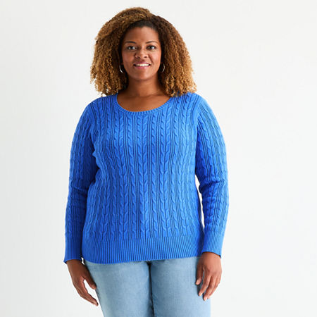 St. John's Bay Plus Womens Crew Neck Long Sleeve Cable Knit Pullover Sweater In Blue