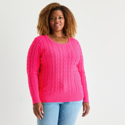 St. John's Bay Plus Womens Crew Neck Long Sleeve Cable Knit Pullover Sweater