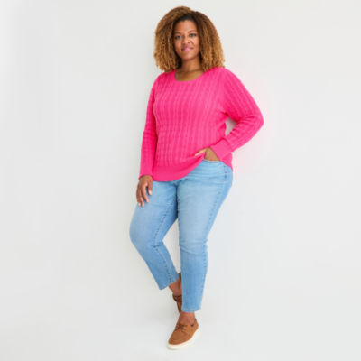 St. John's Bay Plus Womens Crew Neck Long Sleeve Cable Knit Pullover Sweater
