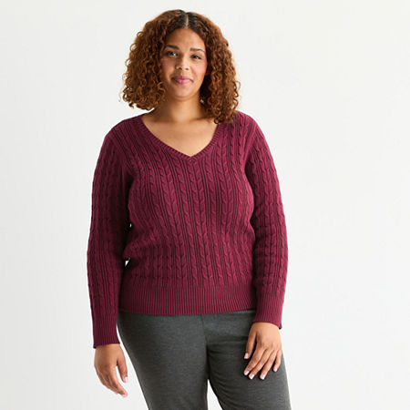 St. John's Bay Plus Womens V Neck Long Sleeve Cable Knit Pullover Sweater In Burgundy