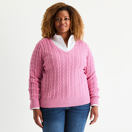 St. John's Bay Plus Womens V Neck Long Sleeve Cable Knit Pullover Sweater In Pink