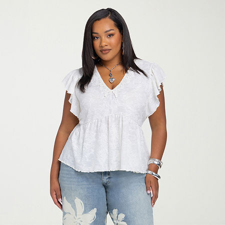Js Jessica Simpson Womens Plus V Neck Short Sleeve Blouse In White