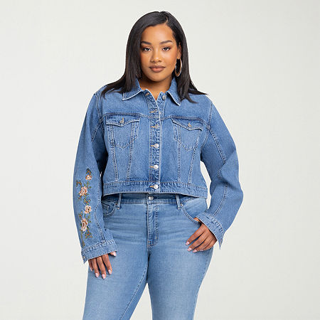 Js Jessica Simpson Womens Plus Denim Embroidered Midweight Jacket In Blue