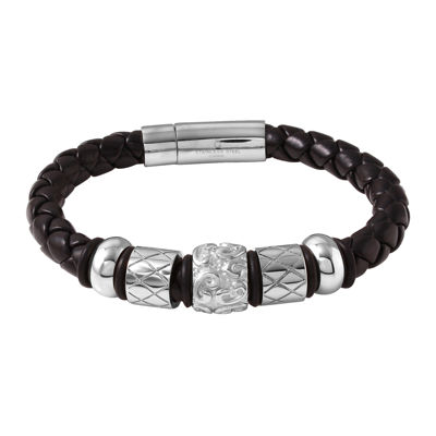 Mens Stainless Steel and Black Leather Bracelet