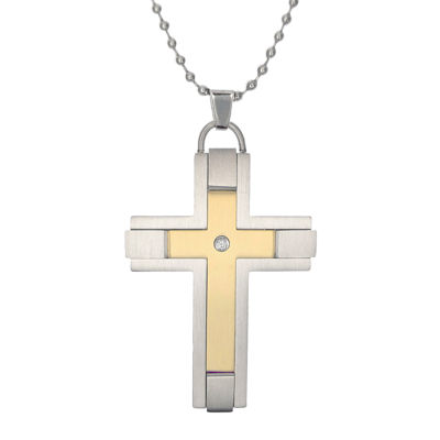 Mens Diamond-Accent Two-Tone Stainless Steel Cross Pendant Necklace